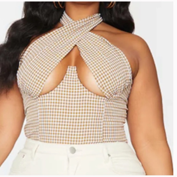 ⭐️ Brown Woven Check Print Cross Over Zip Party Glam Girly Sexy Chic Baddie Top - Picture 6 of 8